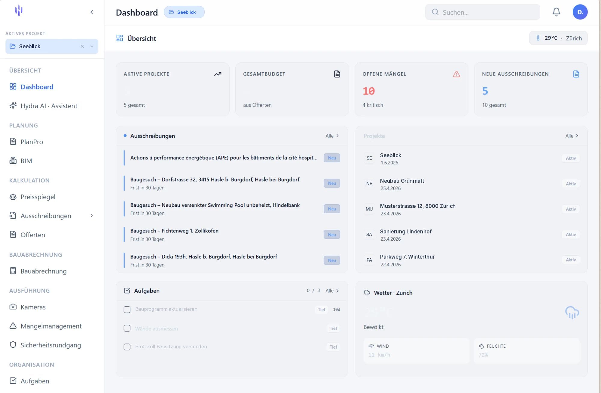 HydraxPro Dashboard mit Ausschreibungen, Projekten, Aufgaben, Mängeln und Wetter